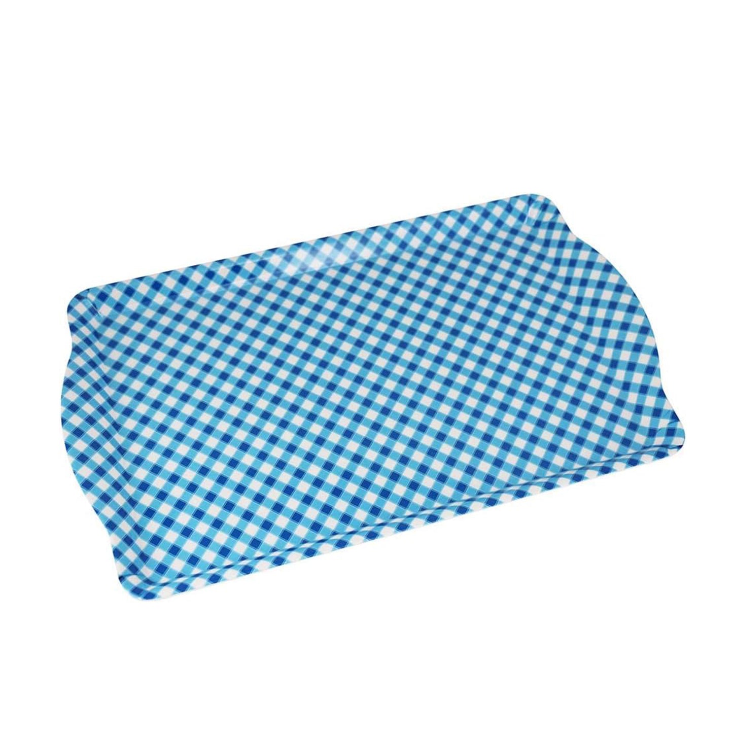 Melamine Plastic Rectangular Serving Tray with Curved Handle, 10.8" x 9.5" x 1" Set of 3 for Restaurant Indoor or outdoor Picnic Camping (Blue-White Grid)