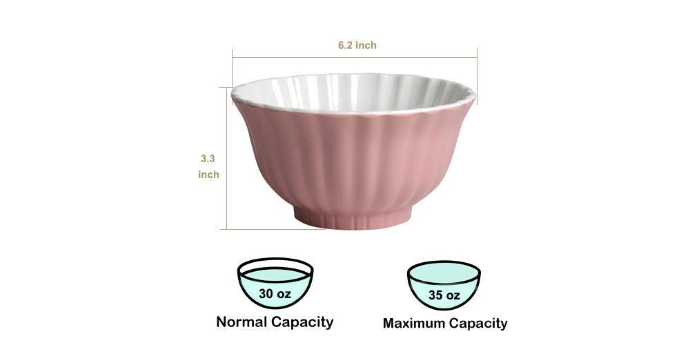 Melamine Plastic Cereal Bowls, 35 oz Soup Bowls, Dessert Bowl set of 4 for Pasta, Salad, Oatmeal, Candy, Snack, Flower Shaped Bowl - Pink with Inside White Color (Pink)