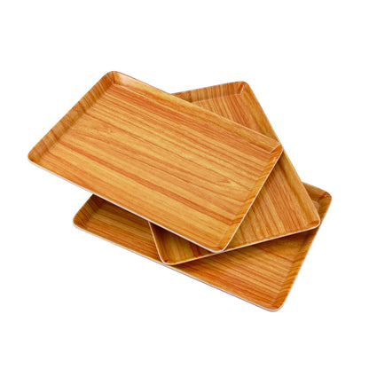 Melamine Plastic Rectangular Small Serving Tray 10.6" x 7.9" x 0.8", Set of 3 for Party, Restaurant Indoor or Outdoor Picnic Camping (Wood Grain)