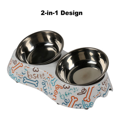 Melamine Plastic Dog Food Bowl, Non Skid Base, Double Pet Feeder Bowls, 2-in-1 Removable Stainless Steel Pet Water and Food Bowls for Dogs