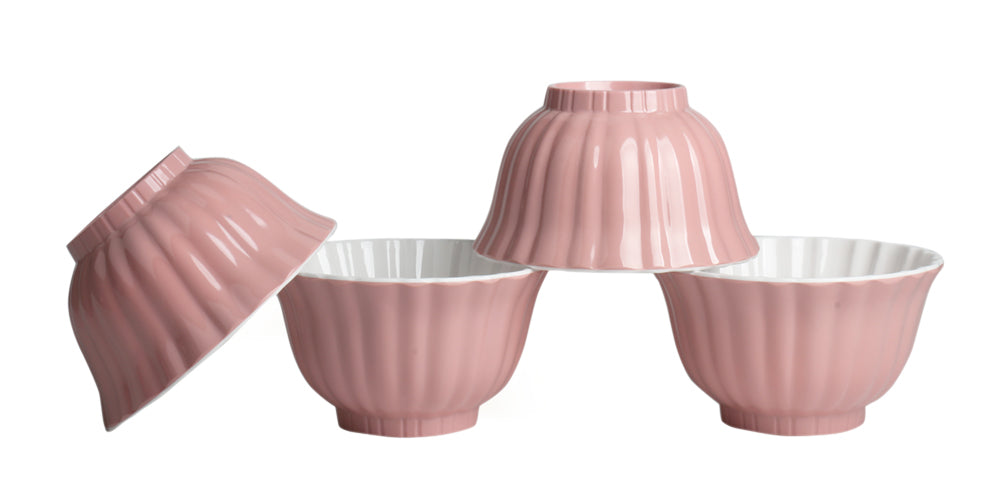 Melamine Plastic Cereal Bowls, 35 oz Soup Bowls, Dessert Bowl set of 4 for Pasta, Salad, Oatmeal, Candy, Snack, Flower Shaped Bowl - Pink with Inside White Color (Pink)