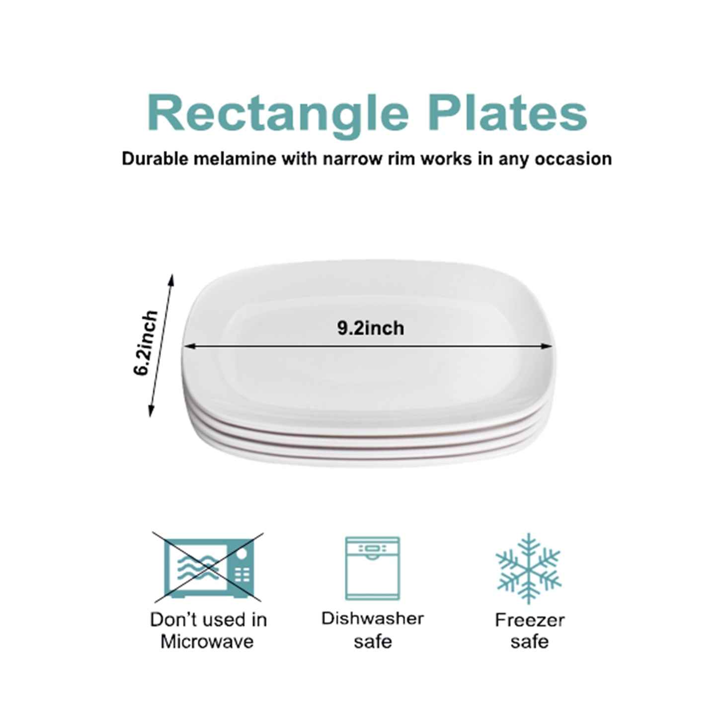 Melamine Rectangle Platter Set of 4, White Salad Plates/Dessert Plates, Small Serving Plates for sushi, cake, Ice Cream, Party Entertaining