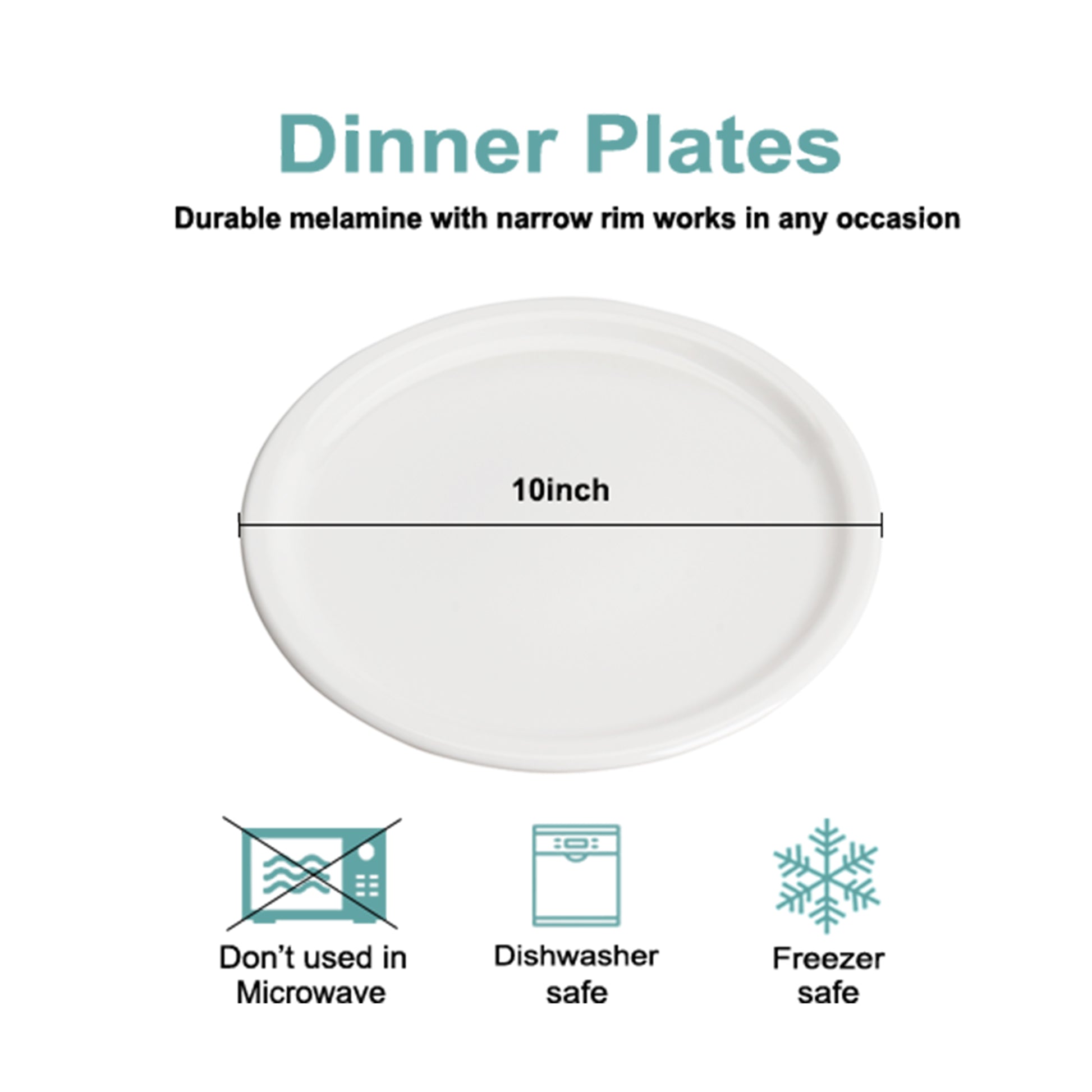 Melamine Dinner Plate, Set of Salad Dish Plates, 10 inch Round Plates for Salad, Appetizer, Pasta, Steak, Burgers, Dinning Plates (White)