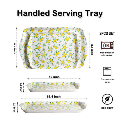 Melamine Rectangle Serving Tray, Serving Tray with Handle | Coffee Table Tray Platters for Buffet, Party, Breakfast, Entertaining, Camping Picnics (Yellow Floral)