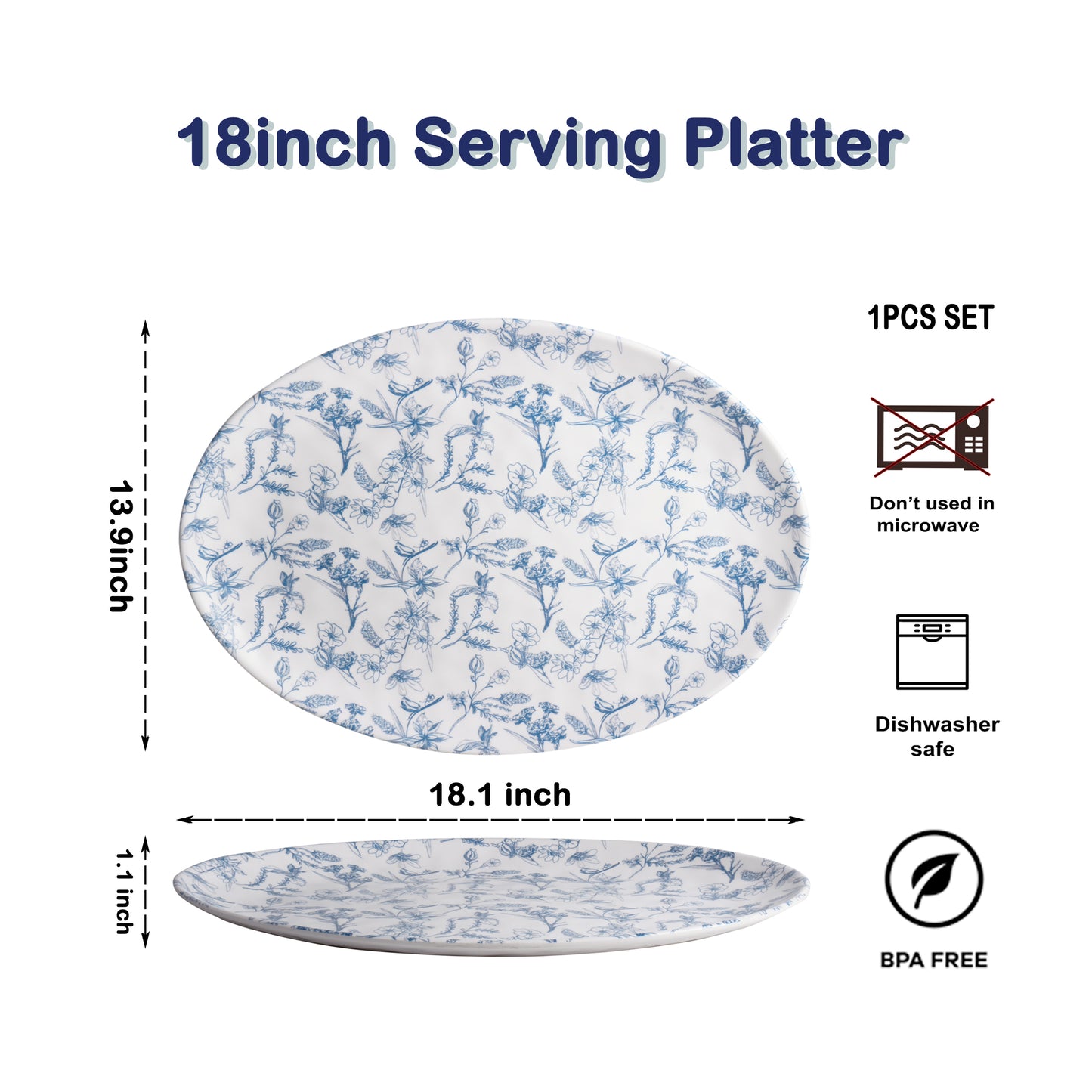 Melamine Serving Platter, 18" Oval Serving Platters, Large Serving Plate Food Platter for Entertaining Party, Restaurant, Main Dishes (Blue Floral)