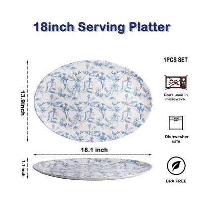 Melamine Serving Platter, 18" Oval Serving Platters, Large Serving Plate Food Platter for Entertaining Party, Restaurant, Main Dishes (Blue Floral)