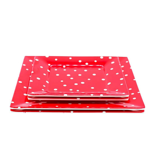 Melamine Plastic Square Dinner Plates, Set of 2 in 2 assorted sizes for restaurant indoor or outdoor picnic camping (Red and white polka dots)