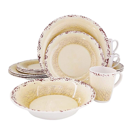 Melamine Plastic 16-Piece Dinnerware Set Service for 4, Crackle Pattern (Yellow Crackle)