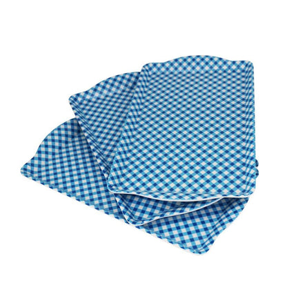 Melamine Plastic Rectangular Serving Tray with Curved Handle, 10.8" x 9.5" x 1" Set of 3 for Restaurant Indoor or outdoor Picnic Camping (Blue-White Grid)