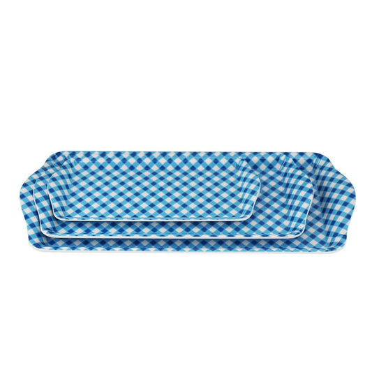 Melamine Plastic Rectangular Serving Tray, Set of 3 assorted sizes for indoor Restaurant or Outdoor Picnic and Camping (Blue-White Grid)