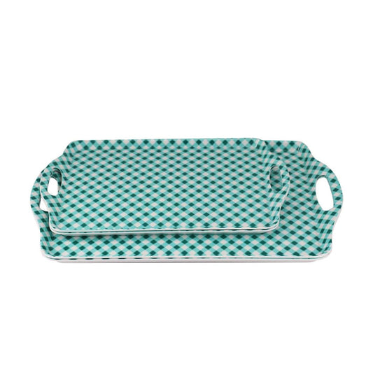 Melamine Plastic Rectangular Serving Tray with Handle, Set of 2 in 2 Assorted Sizes for Restaurant Indoor or outdoor Picnic Camping (Green-White Grid)