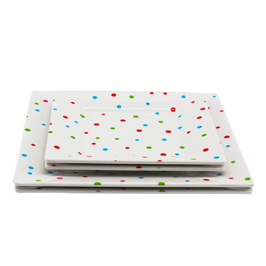 Melamine Plastic Square Dinner Plates, Set of 2 in 2 assorted sizes for restaurant indoor or outdoor picnic camping (Color polka dots)