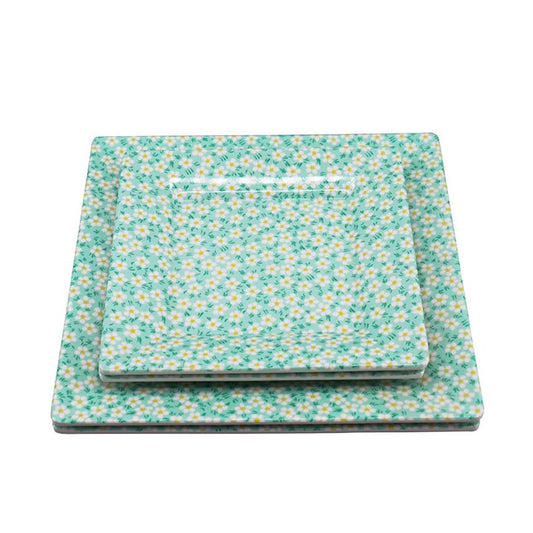 Melamine Plastic Square Dinner Plates, Set of 2 in 2 assorted sizes for restaurant indoor or outdoor picnic camping (Shallow Floral Green)