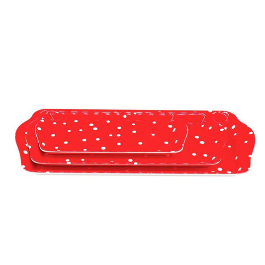 Melamine Plastic Rectangular Serving Tray, Set of 3 assorted sizes for indoor Restaurant or Outdoor Picnic and Camping (Red and white polka dots)