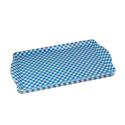 Melamine Plastic Rectangular Serving Tray with Curved Handle, 10.8" x 9.5" x 1" Set of 3 for Restaurant Indoor or outdoor Picnic Camping (Blue-White Grid)