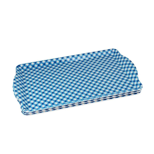 Melamine Plastic Rectangular Serving Tray with Curved Handle, 10.8" x 9.5" x 1" Set of 3 for Restaurant Indoor or outdoor Picnic Camping (Blue-White Grid)