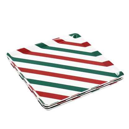 Melamine plastic Shallow Floral Breakfast Serving Tray, Set of 3 Small Tray in 3 Colors for restaurant or picnic camping (Red and Green Lines)