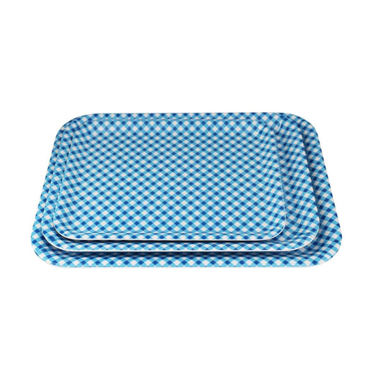 Melamine Plastic Rectangular Serving Tray, Set of 3 Assorted Sizes for Indoor Restaurant or Outdoor Picnic and Camping (Blue-White Grid)