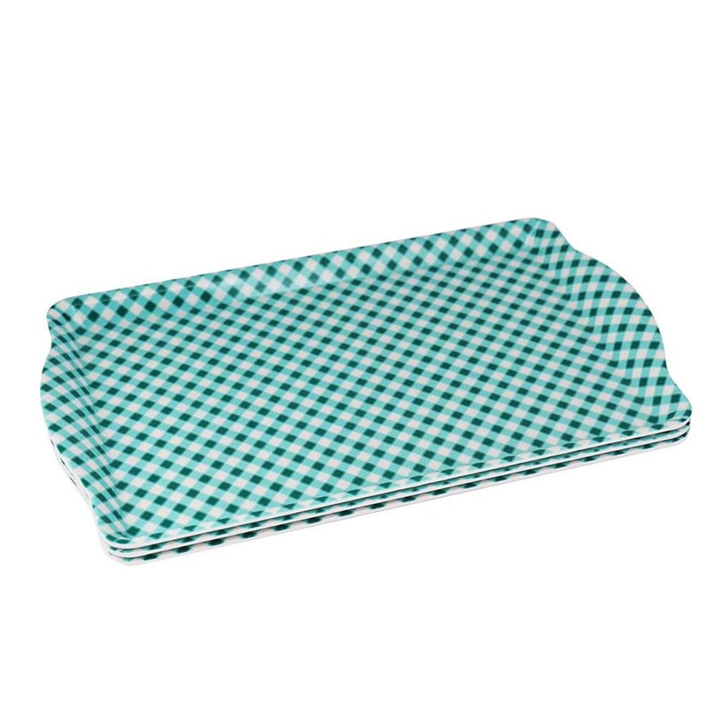 Melamine Plastic Rectangular Serving Tray with Curved Handle, 10.8" x 9.5" x 1" Set of 3 for Restaurant Indoor or outdoor Picnic Camping (Green-White Grid)